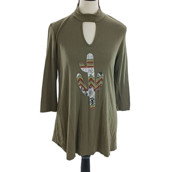 Altar'd State Top Womens Size Small Olive Green Cactus Graphic Keyhole Tunic - Picture 1 of 7